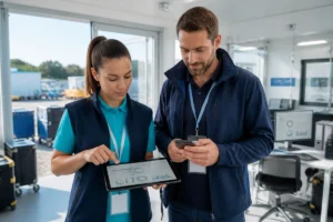 Digitalisation des entreprises : technicienne et responsable de site utilisant des outils numériques en mobilité