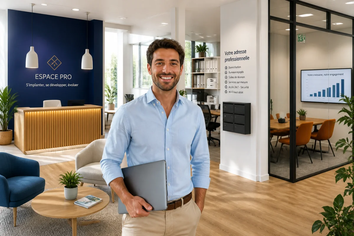 Entrepreneur indépendant souriant dans un centre d’affaires moderne proposant une domiciliation d’entreprise professionnelle
