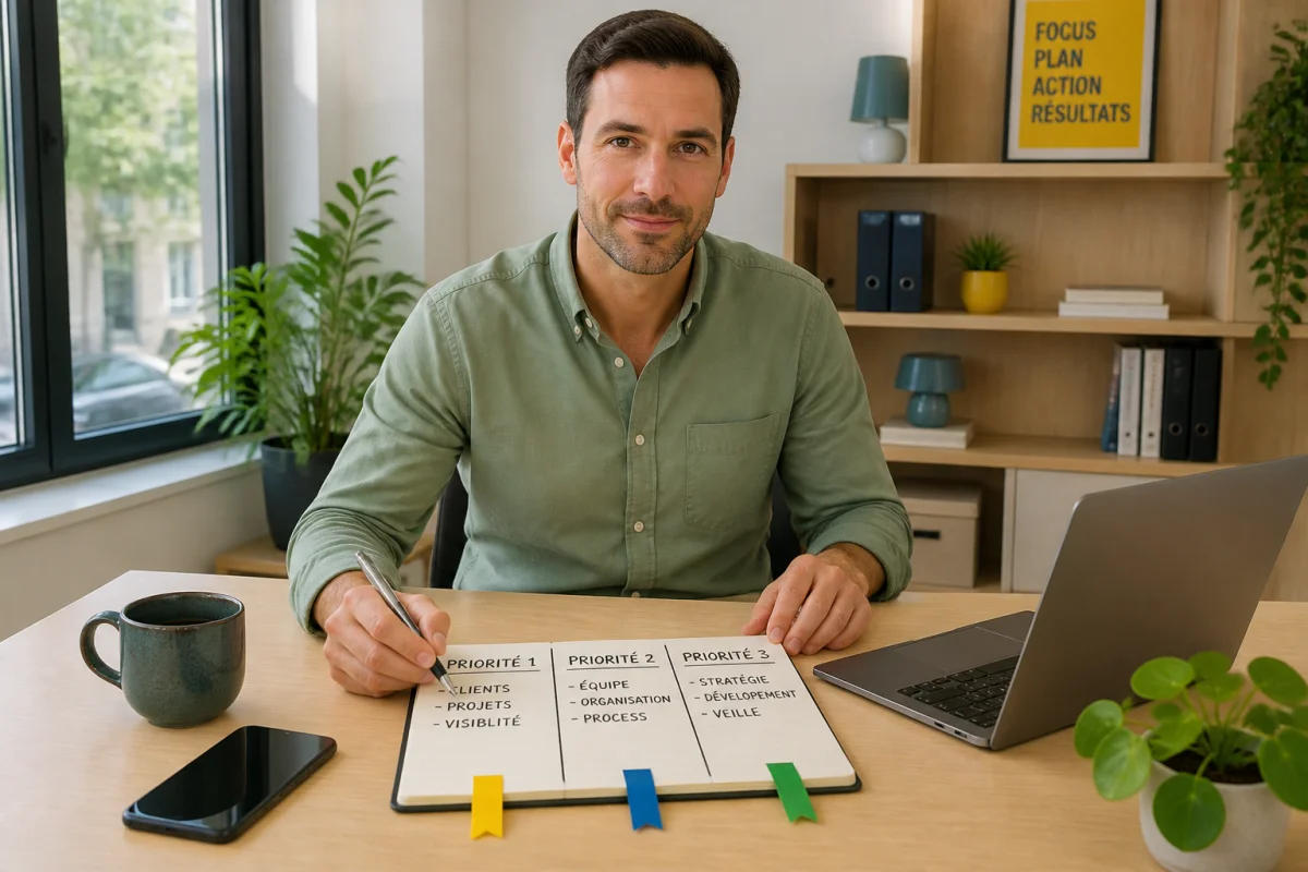 Responsable d’entreprise organisant sa matinée autour de trois priorités dans un carnet, au bureau devant un ordinateur portable