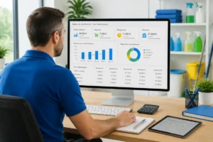 Responsable d’entreprise de nettoyage consultant un tableau de bord financier avec chiffre d’affaires, dépenses, marge et trésorerie