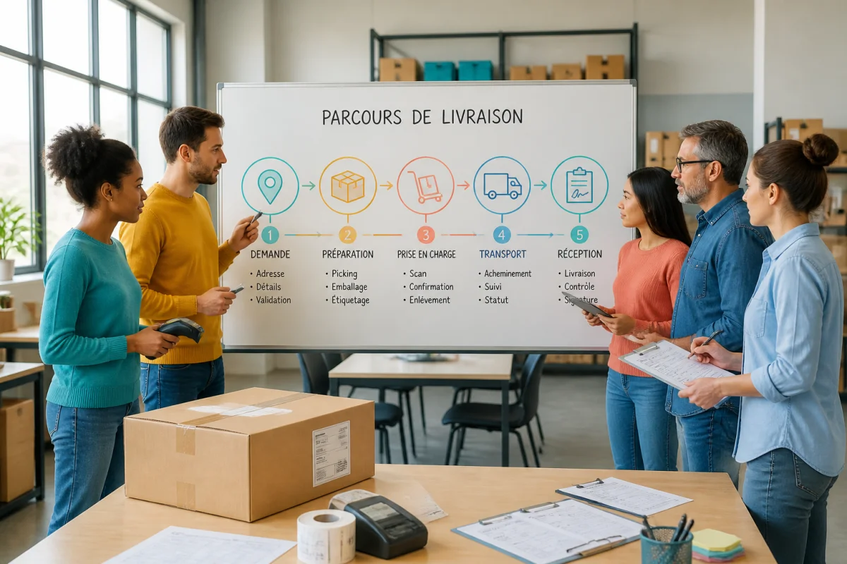 Équipe d’entreprise organisant la gestion des livraisons en entreprise sur un tableau illustrant cinq étapes logistiques