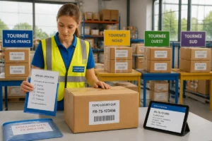 Employée logistique contrôlant un colis avant expédition dans un entrepôt organisé, illustrant la gestion des livraisons en entreprise