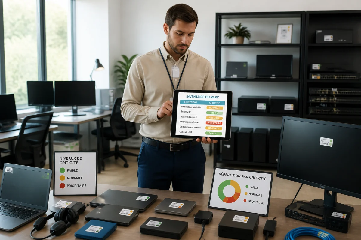Responsable informatique auditant un parc d’équipements avec tablette d’inventaire dans un bureau d’entreprise organisé
