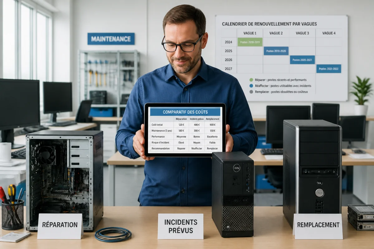 Responsable informatique comparant trois ordinateurs pour optimiser la gestion du matériel informatique en entreprise