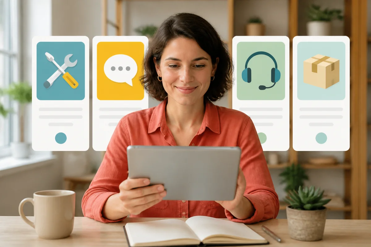 Personne consultant Lm Services sur une tablette, avec des catégories de dépannage, conseil, assistance numérique et livraison
