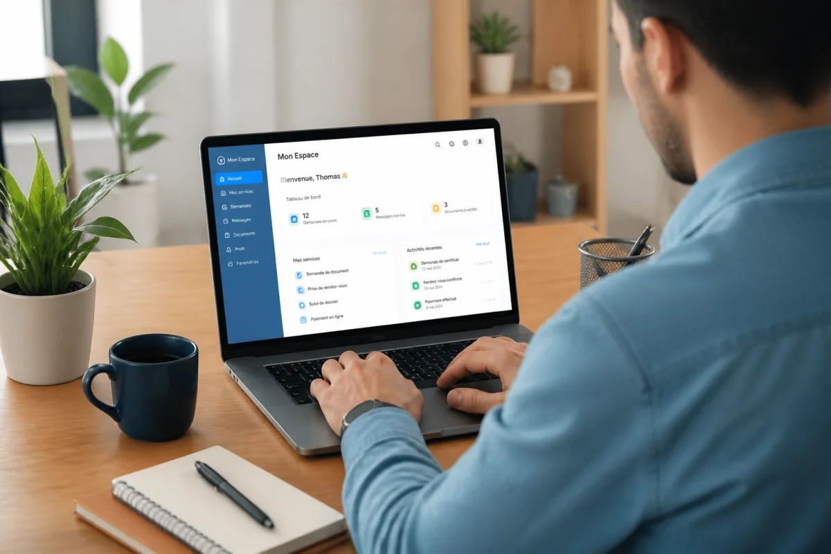Utilisateur explorant Lm Services sur un ordinateur portable dans un bureau moderne, lumineux et organisé