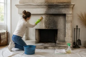 Nettoyage d’une pierre de cheminée encrassée avec une brosse et une solution naturelle blanchissante