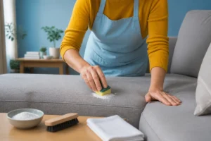 Comment nettoyer un canapé en microfibre : personne retirant une tache de graisse avec une éponge et une poudre absorbante