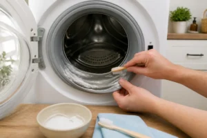 Mains appliquant une pâte de bicarbonate sur le joint en caoutchouc d’une machine à laver frontale