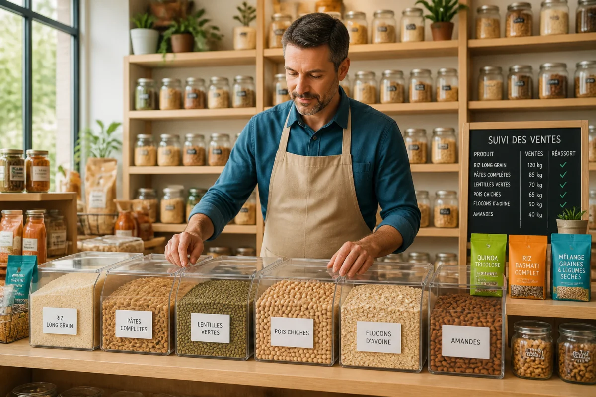 Responsable organisant un rayon vrac durable pour optimiser la rentabilité et prioriser les produits à forte rotation