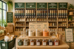 Rayon de produits en vrac organisé avec céréales, graines, fruits secs et épices pour optimiser la rentabilité durable