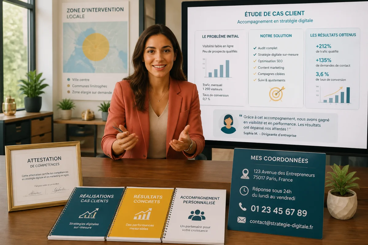 Consultante en stratégie digitale présentant une étude de cas pour optimiser son site vitrine avec graphiques avant-après