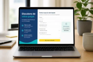 Ordinateur portable affichant un site vitrine optimisé, formulaire de contact simple et bouton d’appel à l’action visible.