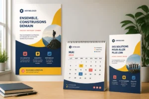 Organisation des supports de communication avec affiche, calendrier personnalisé et brochure partageant une identité visuelle cohérente