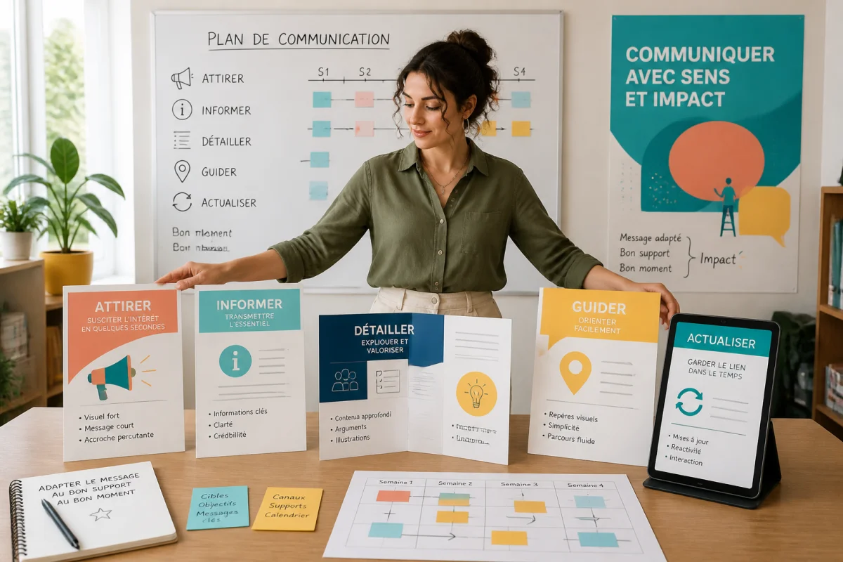 Professionnelle organisant affiches, flyers, brochures, panneaux et supports numériques pour une organisation claire des supports de communication