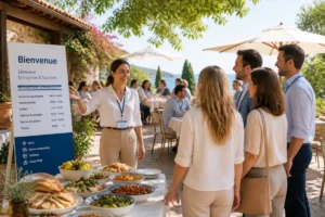 Accueil d’un séminaire d’entreprise sur une terrasse méditerranéenne, avec coordinatrice orientant les participants vers l’espace restauration.
