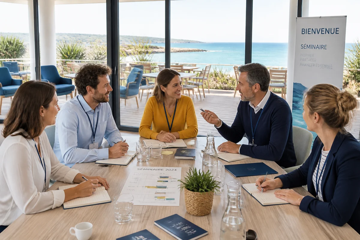 Collaborateurs organisant un séminaire d’entreprise autour d’une table, dans un centre de réunion lumineux en bord de mer