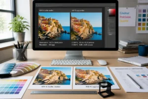 Préparer ses documents pour l’impression : graphiste vérifiant résolution, dimensions et netteté d’une image avant tirage.