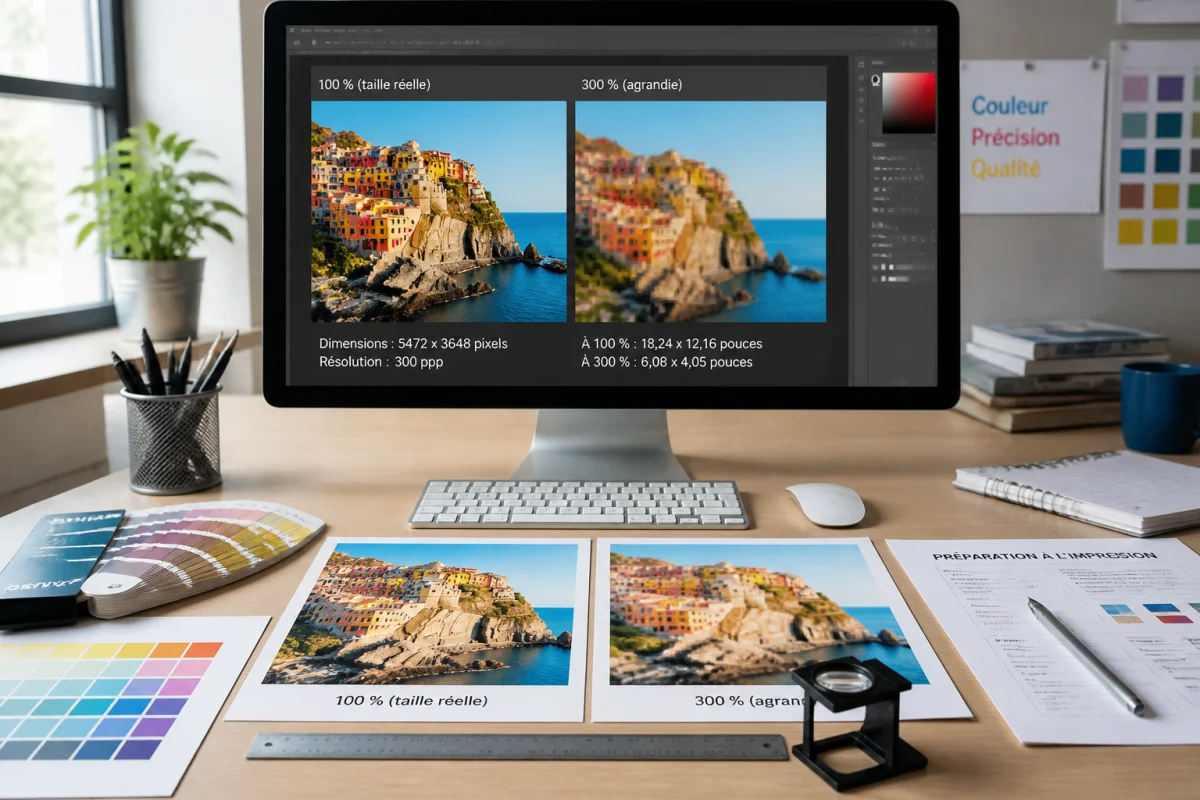 Préparer ses documents pour l’impression : graphiste vérifiant résolution, dimensions et netteté d’une image avant tirage.