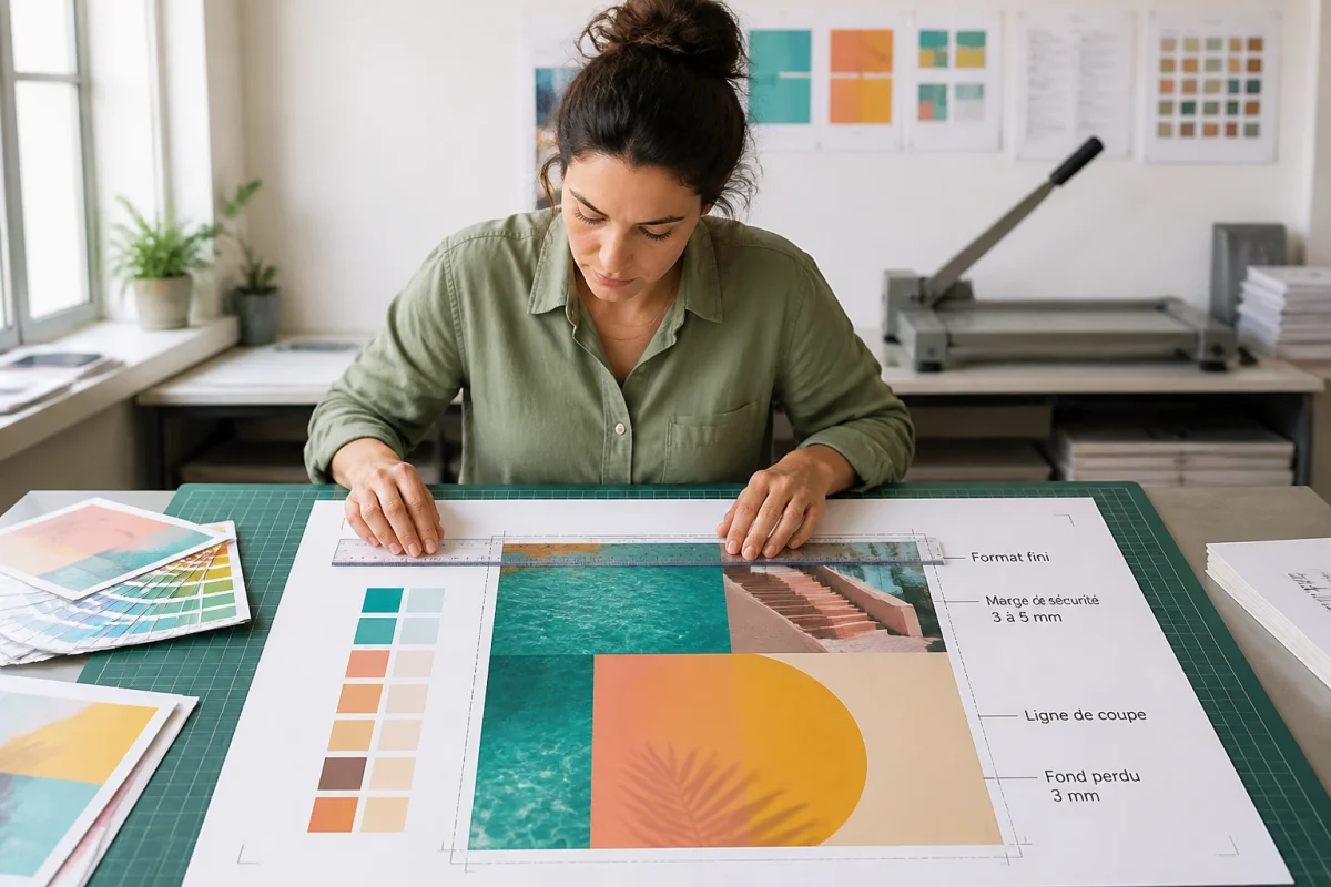 Graphiste préparant ses documents pour l’impression avec une règle et des repères de coupe sur une maquette prépresse