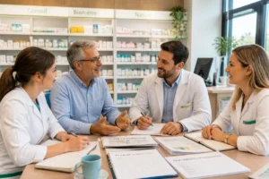 Pharmacien repreneur échangeant avec le cédant et son équipe autour de documents de transition en officine