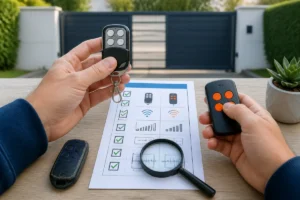 Reproduction de télécommandes de portail : vérification de compatibilité, tests des boutons et contrôle méthodique devant un portail automatique.