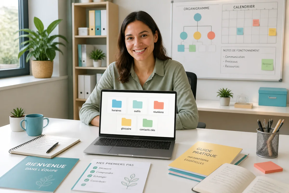Réussir l’onboarding des nouveaux salariés : nouvelle employée consultant un espace numérique d’accueil organisé au bureau.