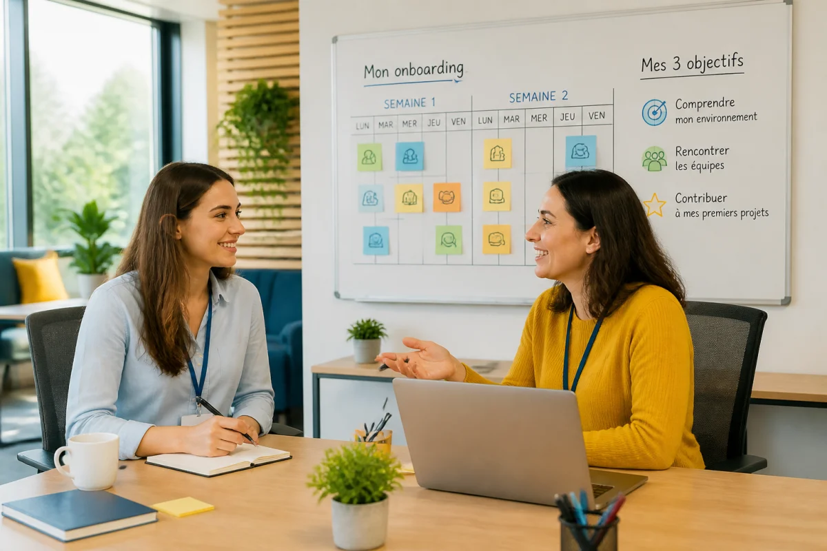 Nouvelle salariée et manager planifiant un onboarding structuré de deux semaines dans un bureau moderne et chaleureux