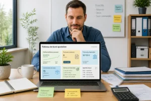 Dirigeant de petite entreprise consultant un tableau de bord quotidien avec indicateurs de trésorerie, ventes, commandes et tâches commerciales