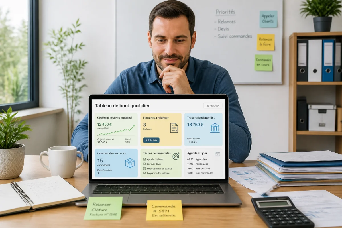 Dirigeant de petite entreprise consultant un tableau de bord quotidien avec indicateurs de trésorerie, ventes, commandes et tâches commerciales