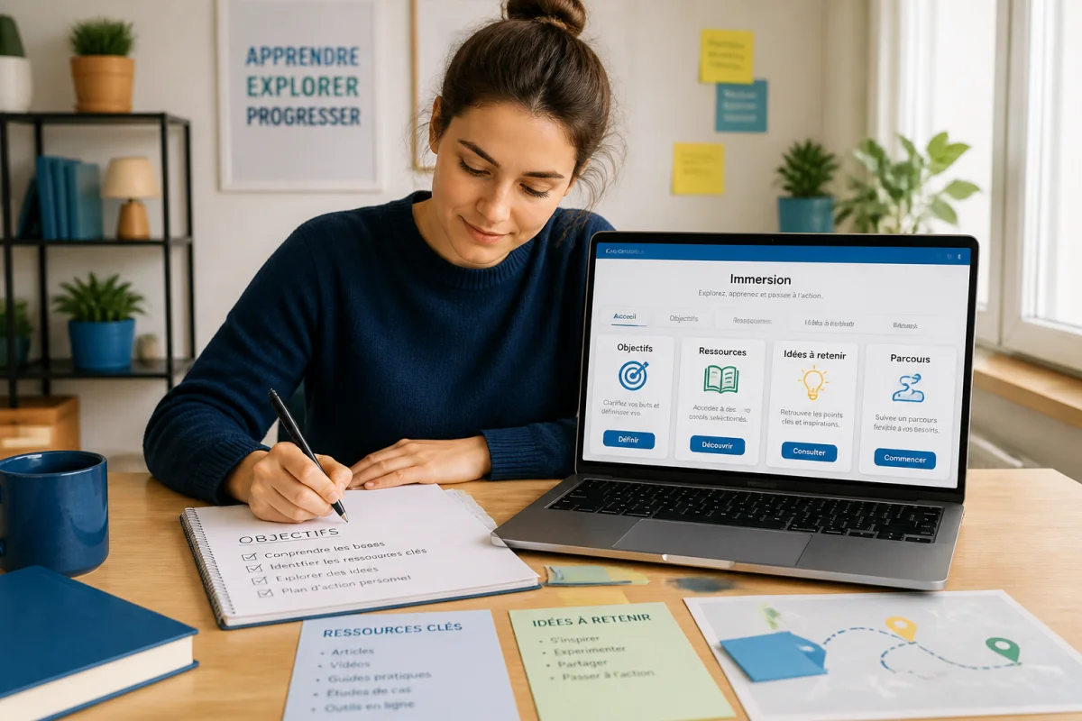 Personne consultant une plateforme Total Immersion et prenant des notes sur ses objectifs et ressources d’apprentissage