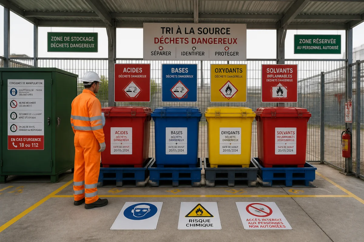 Zone de tri sécurisée pour la gestion des déchets dangereux de chantier, avec contenants étiquetés et ouvrier en tenue protectrice