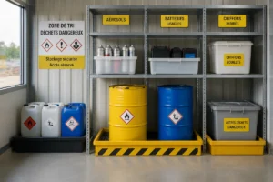 Gestion des déchets dangereux de chantier avec contenants étanches, bacs de rétention et tri sécurisé des déchets.